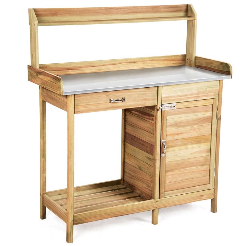 Outdoor Potting Bench Table, Fir Wood Garden Workstation with Metal Tabletop, Cabinet & Drawer, Storage Shelf for Backyard, Balcony