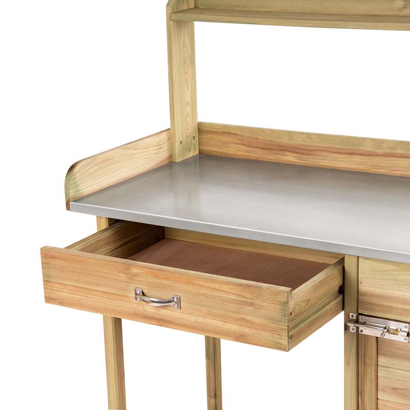 Outdoor Potting Bench Table, Fir Wood Garden Workstation with Metal Tabletop, Cabinet & Drawer, Storage Shelf for Backyard, Balcony