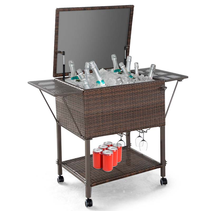 108 QT Rattan Patio Rolling Cooler Cart, Outdoor Side Table Bar Cart with Cooler & Lower Shelf for Beverage Wine