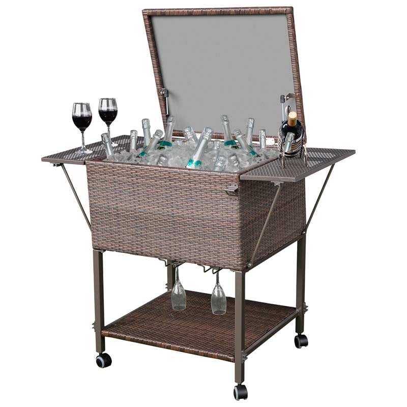 108 QT Rattan Patio Rolling Cooler Cart, Outdoor Side Table Bar Cart with Cooler & Lower Shelf for Beverage Wine