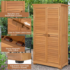 63" Wooden Outdoor Storage Cabinet Garden Tool Shed with Double Doors, Asphalt Roof & 3 Removable Shelves, Waterproof for Patio Lawn Garden Yard