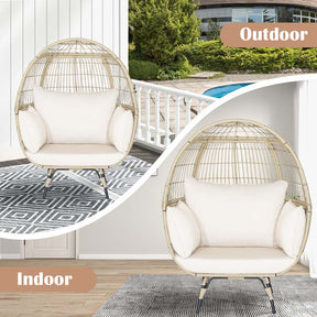Oversized Wicker Egg Chair with 4 Cushions, Steel Frame Basket Chair Rattan Indoor Outdoor Lounger for Patio, Living Room