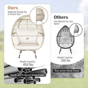 Oversized Wicker Egg Chair with 4 Cushions, Steel Frame Basket Chair Rattan Indoor Outdoor Lounger for Patio, Living Room