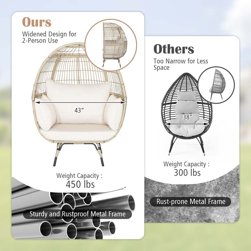 Oversized Wicker Egg Chair with 4 Cushions, Steel Frame Basket Chair Rattan Indoor Outdoor Lounger for Patio, Living Room