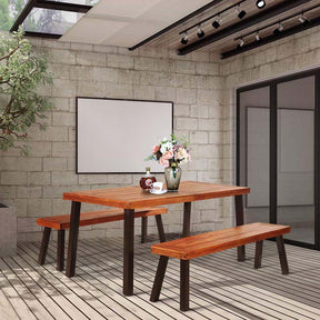 3 Pcs Rustic Acacia Wood Patio Dining Table Set with 2 Benches, Outdoor Picnic Table Bench Set with Umbrella Hole