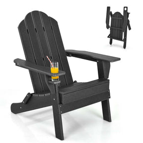 2 PCS Outdoor Folding Adirondack Chairs with Cup Holder, All-Weather PE Patio Lounge Chair for Backyard, Poolside