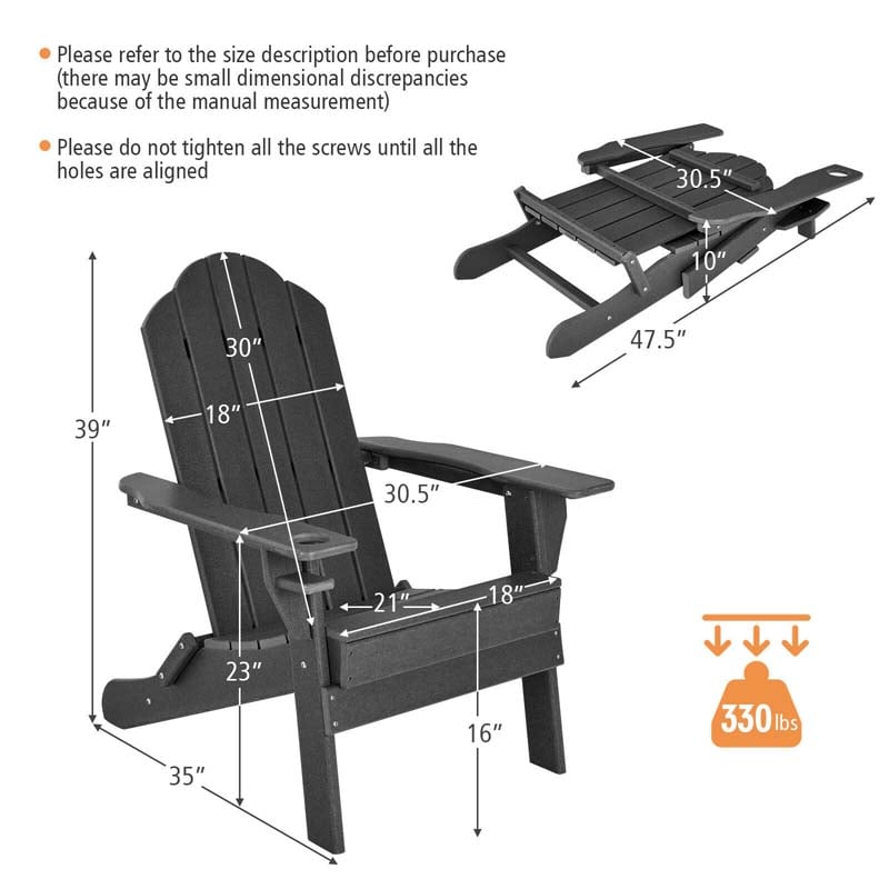 2 PCS Outdoor Folding Adirondack Chairs with Cup Holder, All-Weather PE Patio Lounge Chair for Backyard, Poolside