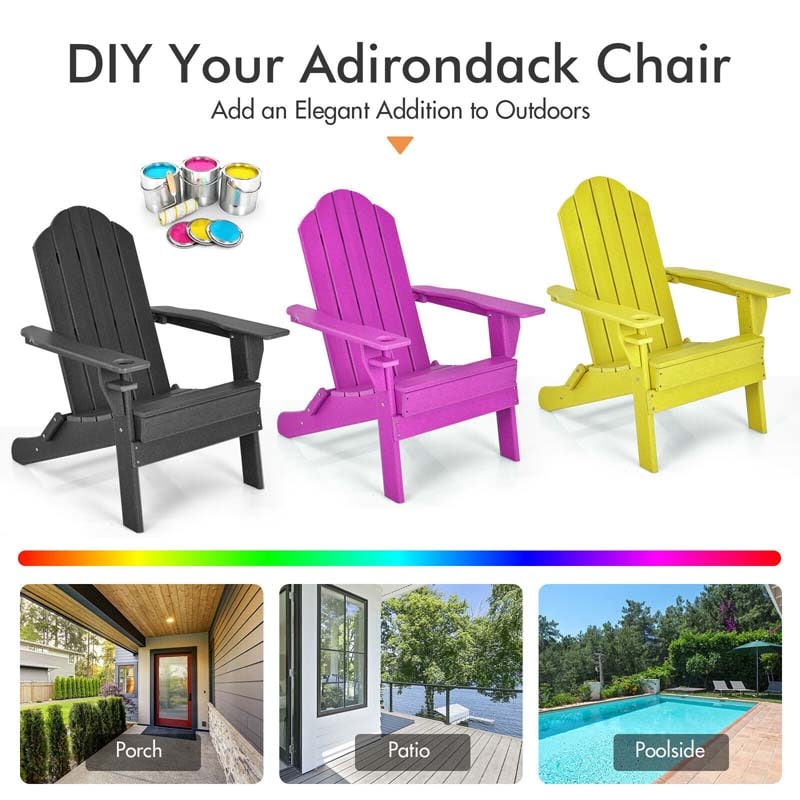 2 PCS Outdoor Folding Adirondack Chairs with Cup Holder, All-Weather PE Patio Lounge Chair for Backyard, Poolside