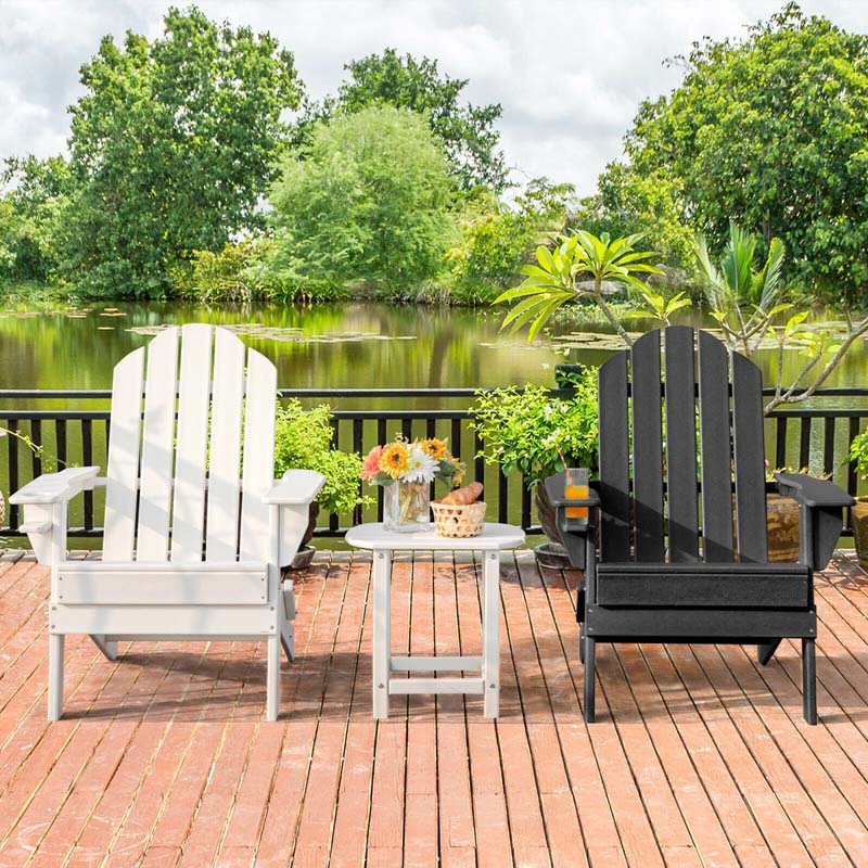 2 PCS Outdoor Folding Adirondack Chairs with Cup Holder, All-Weather PE Patio Lounge Chair for Backyard, Poolside