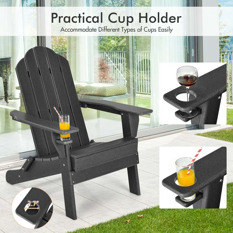 2 PCS Outdoor Folding Adirondack Chairs with Cup Holder, All-Weather PE Patio Lounge Chair for Backyard, Poolside