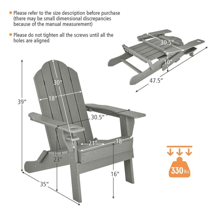 2 PCS Outdoor Folding Adirondack Chairs with Cup Holder, All-Weather PE Patio Lounge Chair for Backyard, Poolside