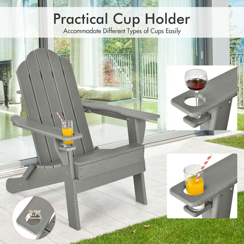 2 PCS Outdoor Folding Adirondack Chairs with Cup Holder, All-Weather PE Patio Lounge Chair for Backyard, Poolside