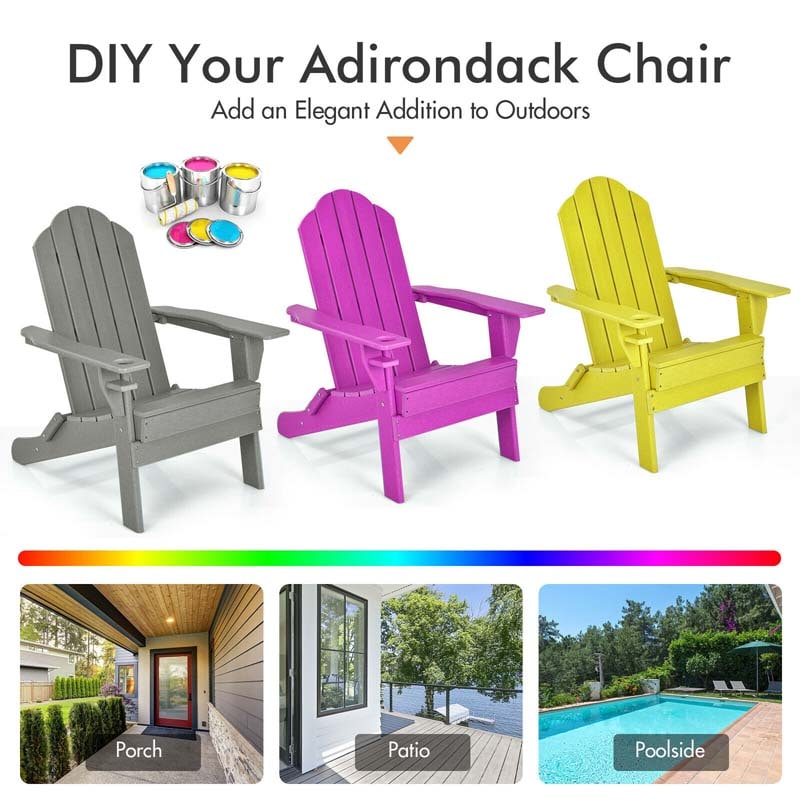 2 PCS Outdoor Folding Adirondack Chairs with Cup Holder, All-Weather PE Patio Lounge Chair for Backyard, Poolside