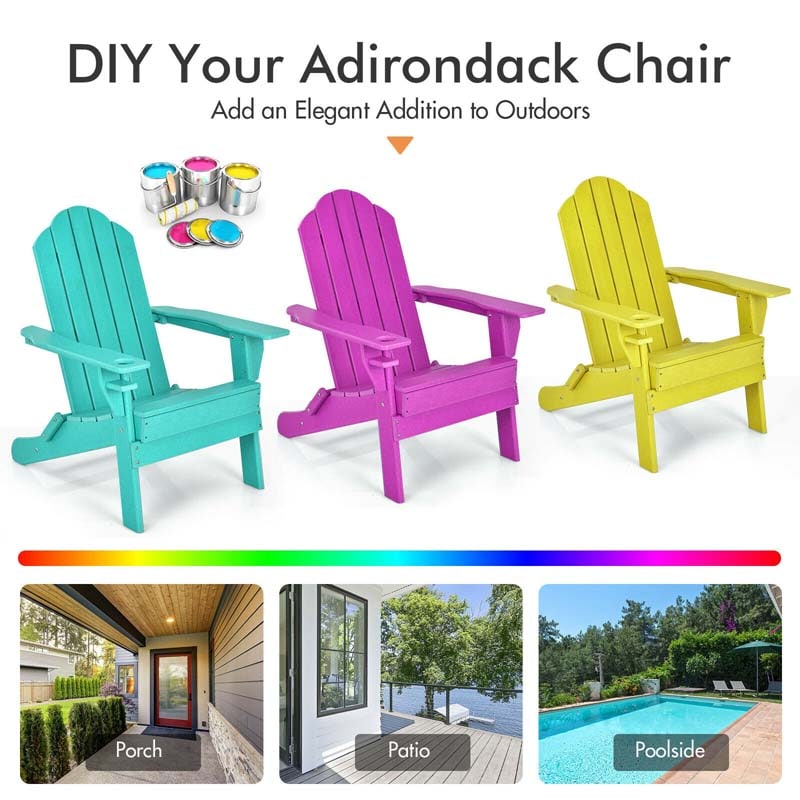 2 PCS Outdoor Folding Adirondack Chairs with Cup Holder, All-Weather PE Patio Lounge Chair for Backyard, Poolside