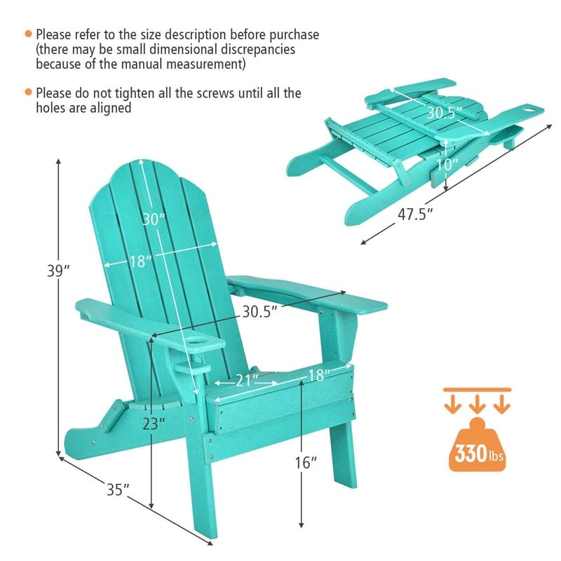 2 PCS Outdoor Folding Adirondack Chairs with Cup Holder, All-Weather PE Patio Lounge Chair for Backyard, Poolside