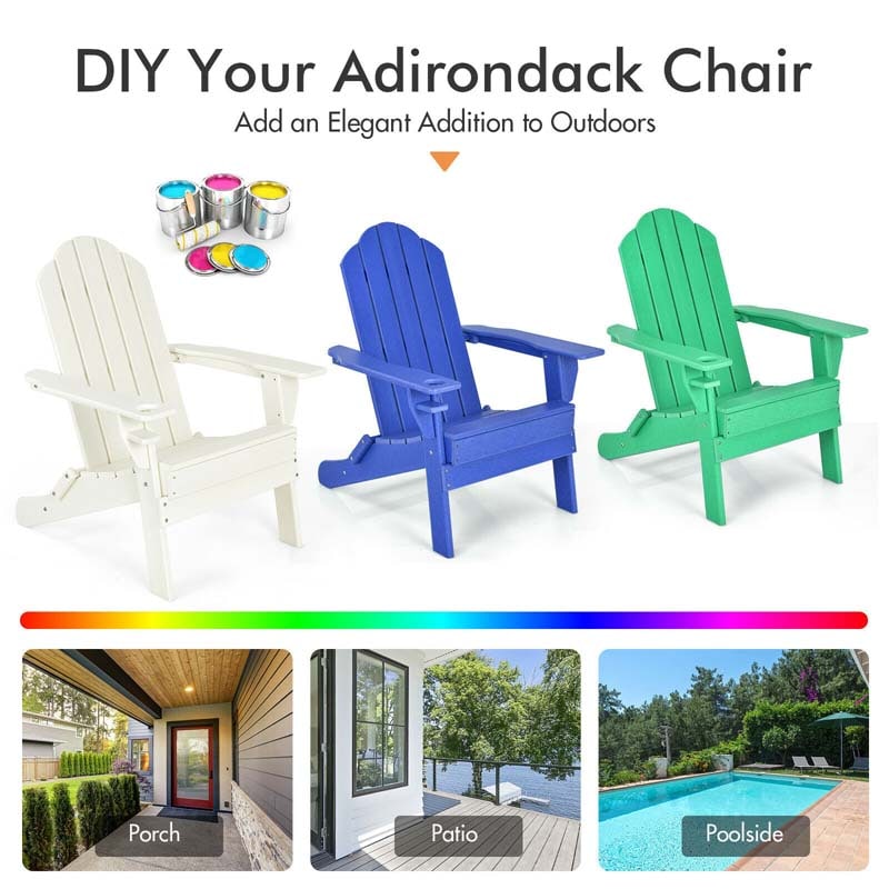 2 PCS Outdoor Folding Adirondack Chairs with Cup Holder, All-Weather PE Patio Lounge Chair for Backyard, Poolside