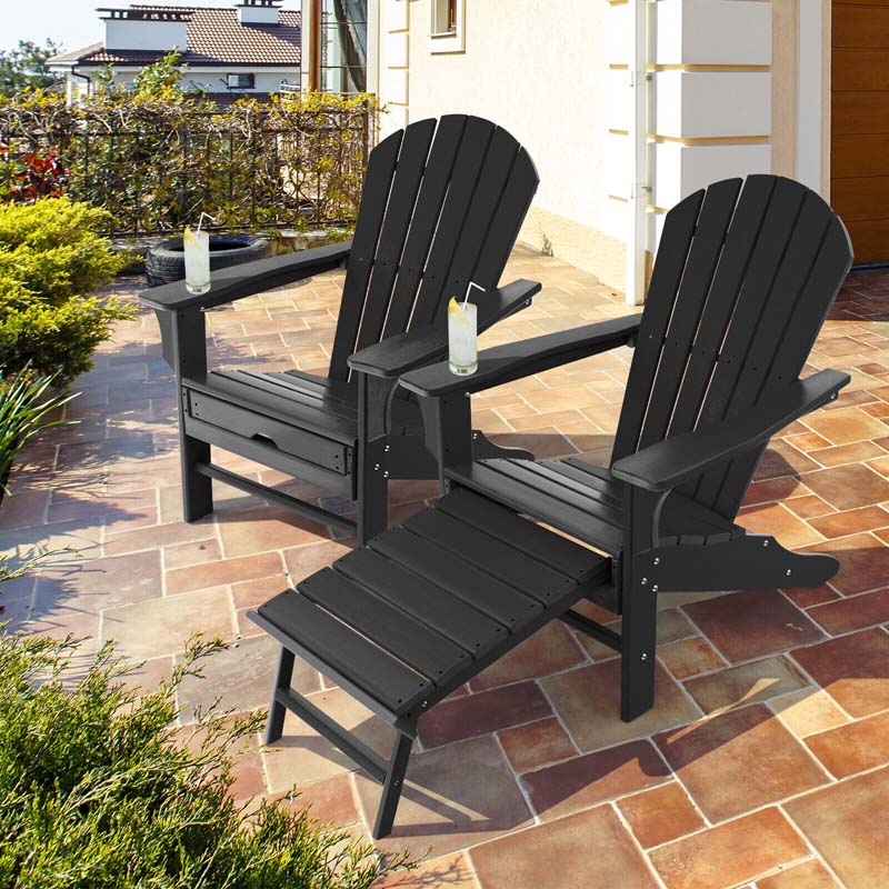 HDPE Adirondack Chair with Retractable Ottoman, Outdoor Chaise Lounge Chair for Beach, Lawn Pool Deck
