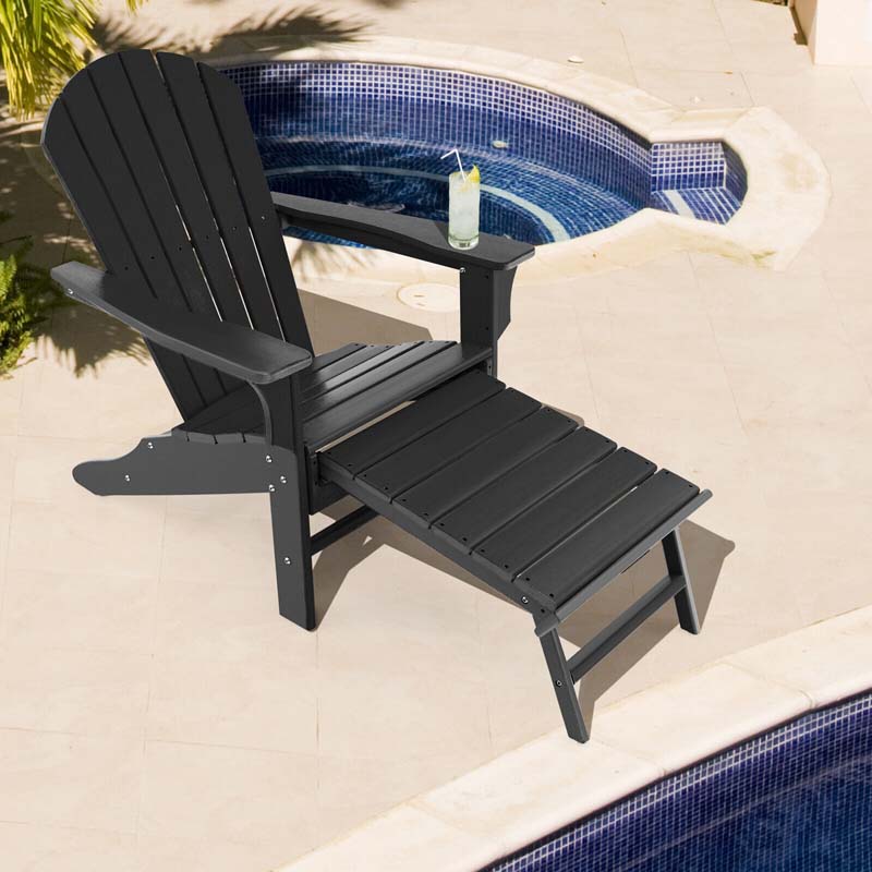 HDPE Adirondack Chair with Retractable Ottoman, Outdoor Chaise Lounge Chair for Beach, Lawn Pool Deck