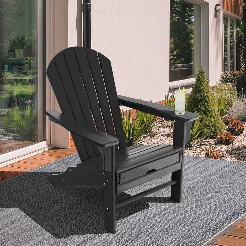 HDPE Adirondack Chair with Retractable Ottoman, Outdoor Chaise Lounge Chair for Beach, Lawn Pool Deck