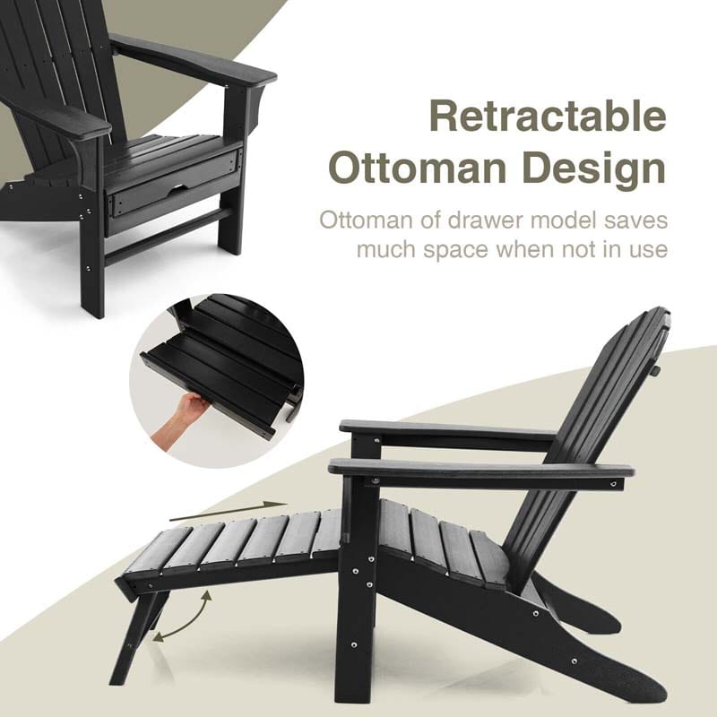 HDPE Adirondack Chair with Retractable Ottoman, Outdoor Chaise Lounge Chair for Beach, Lawn Pool Deck