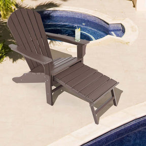 HDPE Adirondack Chair with Retractable Ottoman, Outdoor Chaise Lounge Chair for Beach, Lawn Pool Deck
