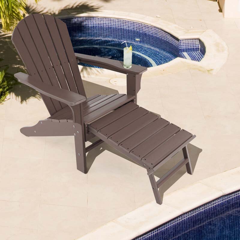 HDPE Adirondack Chair with Retractable Ottoman, Outdoor Chaise Lounge Chair for Beach, Lawn Pool Deck