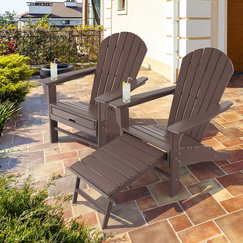HDPE Adirondack Chair with Retractable Ottoman, Outdoor Chaise Lounge Chair for Beach, Lawn Pool Deck