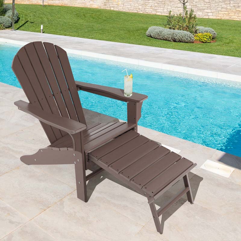 HDPE Adirondack Chair with Retractable Ottoman, Outdoor Chaise Lounge Chair for Beach, Lawn Pool Deck