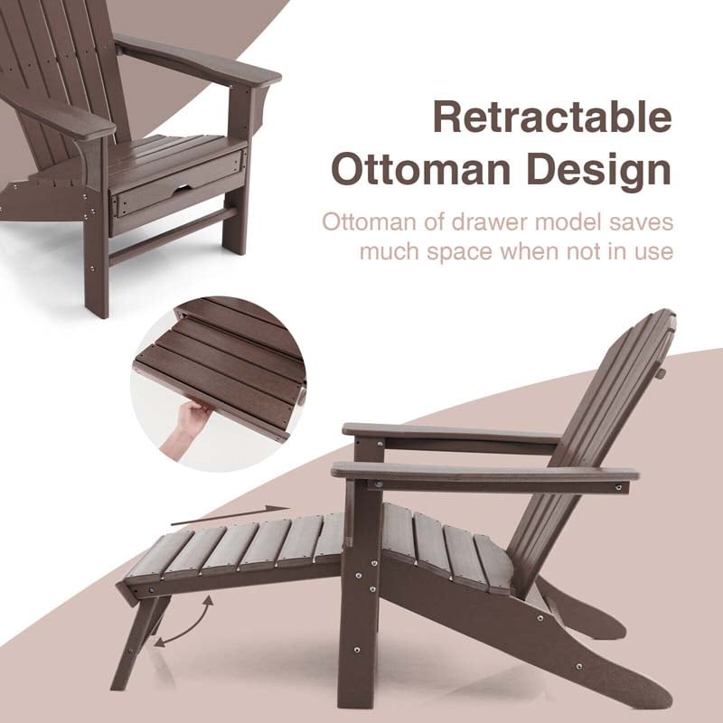 HDPE Adirondack Chair with Retractable Ottoman, Outdoor Chaise Lounge Chair for Beach, Lawn Pool Deck