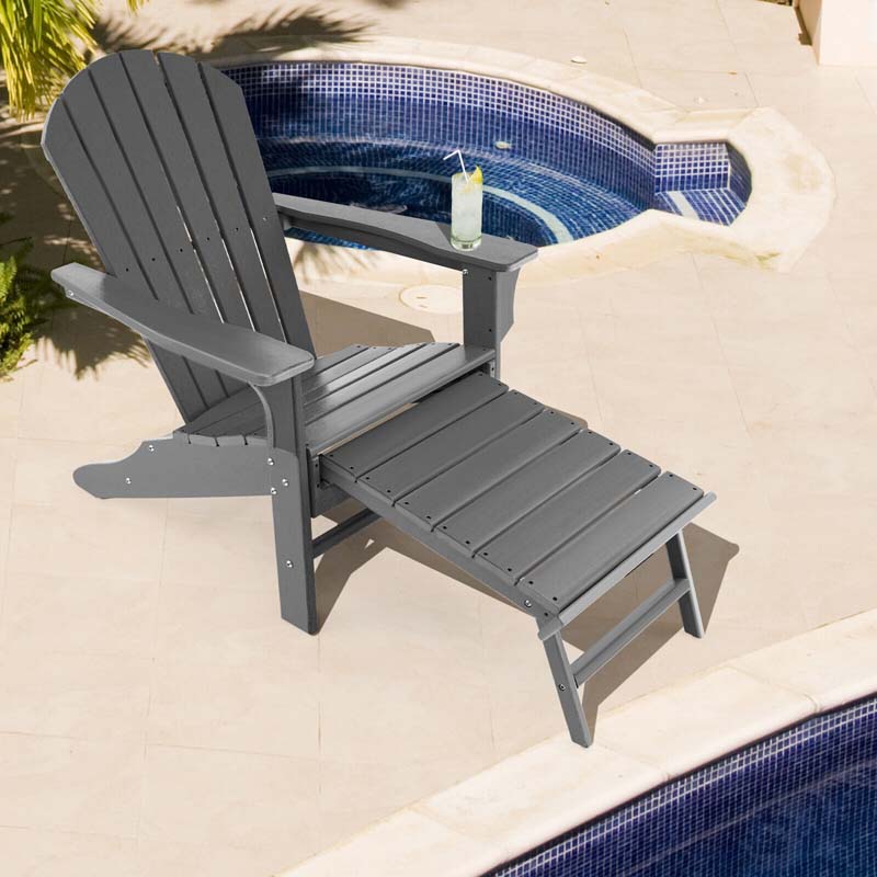 HDPE Adirondack Chair with Retractable Ottoman, Outdoor Chaise Lounge Chair for Beach, Lawn Pool Deck