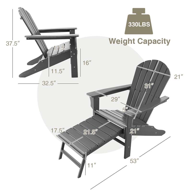 HDPE Adirondack Chair with Retractable Ottoman, Outdoor Chaise Lounge Chair for Beach, Lawn Pool Deck