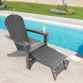HDPE Adirondack Chair with Retractable Ottoman, Outdoor Chaise Lounge Chair for Beach, Lawn Pool Deck