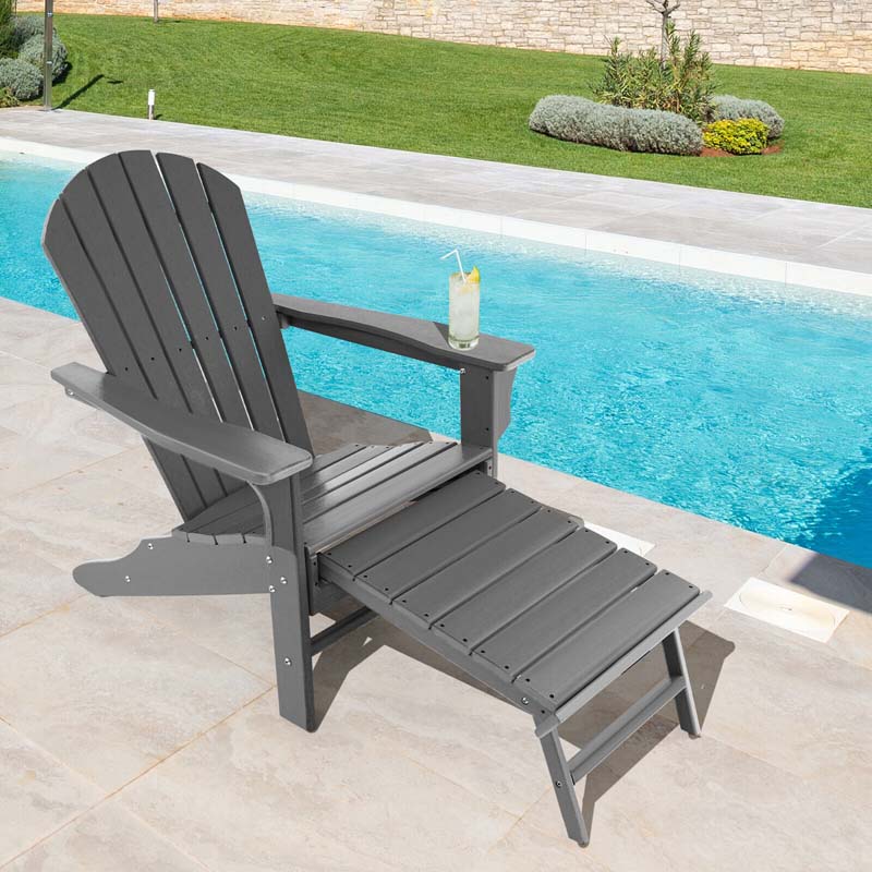 HDPE Adirondack Chair with Retractable Ottoman, Outdoor Chaise Lounge Chair for Beach, Lawn Pool Deck
