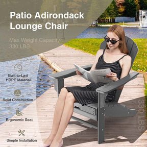 HDPE Adirondack Chair with Retractable Ottoman, Outdoor Chaise Lounge Chair for Beach, Lawn Pool Deck