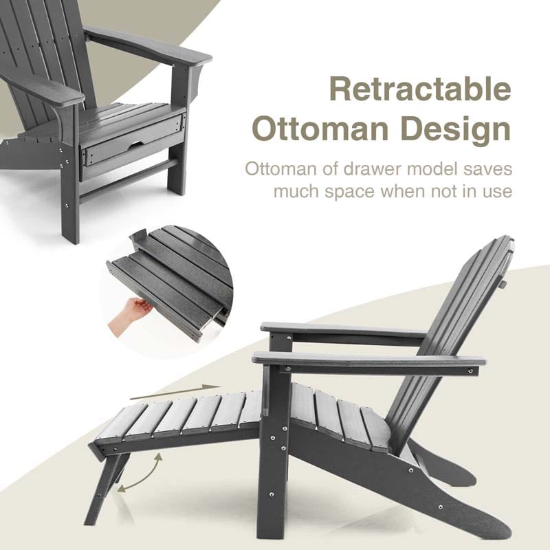 HDPE Adirondack Chair with Retractable Ottoman, Outdoor Chaise Lounge Chair for Beach, Lawn Pool Deck