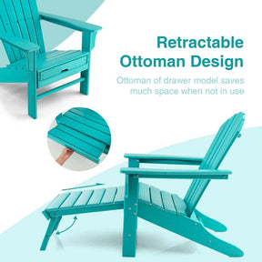 HDPE Adirondack Chair with Retractable Ottoman, Outdoor Chaise Lounge Chair for Beach, Lawn Pool Deck