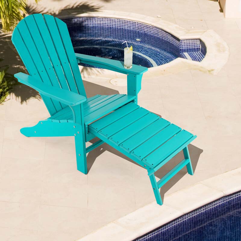 HDPE Adirondack Chair with Retractable Ottoman, Outdoor Chaise Lounge Chair for Beach, Lawn Pool Deck