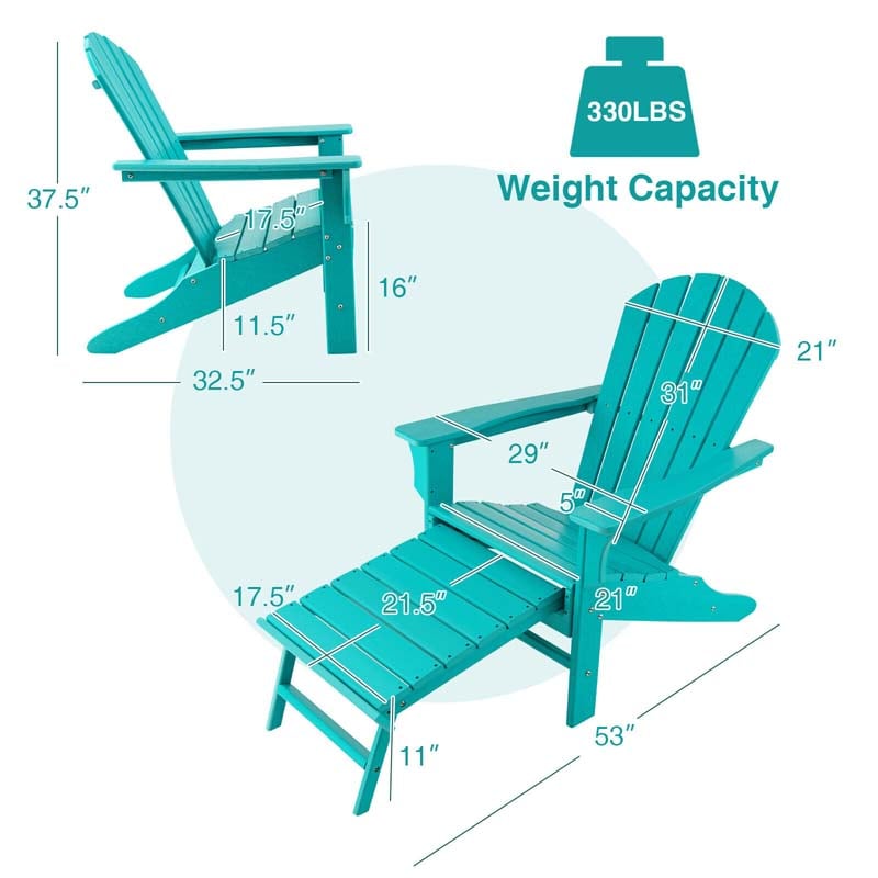 HDPE Adirondack Chair with Retractable Ottoman, Outdoor Chaise Lounge Chair for Beach, Lawn Pool Deck