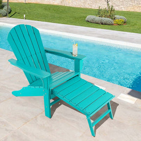 HDPE Adirondack Chair with Retractable Ottoman, Outdoor Chaise Lounge Chair for Beach, Lawn Pool Deck