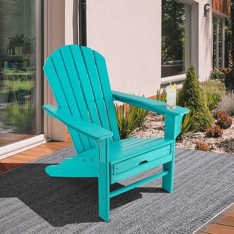 HDPE Adirondack Chair with Retractable Ottoman, Outdoor Chaise Lounge Chair for Beach, Lawn Pool Deck
