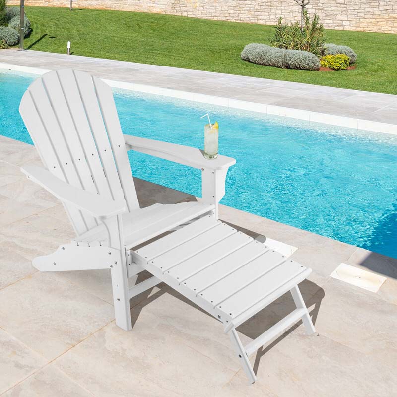 HDPE Adirondack Chair with Retractable Ottoman, Outdoor Chaise Lounge Chair for Beach, Lawn Pool Deck