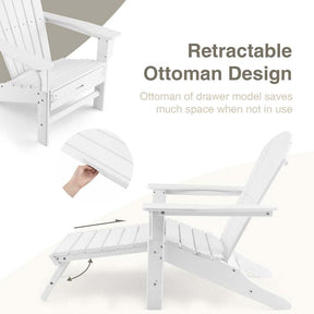 HDPE Adirondack Chair with Retractable Ottoman, Outdoor Chaise Lounge Chair for Beach, Lawn Pool Deck