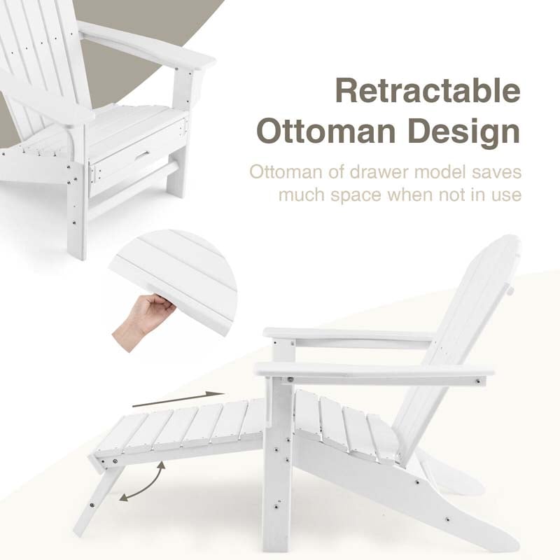 HDPE Adirondack Chair with Retractable Ottoman, Outdoor Chaise Lounge Chair for Beach, Lawn Pool Deck