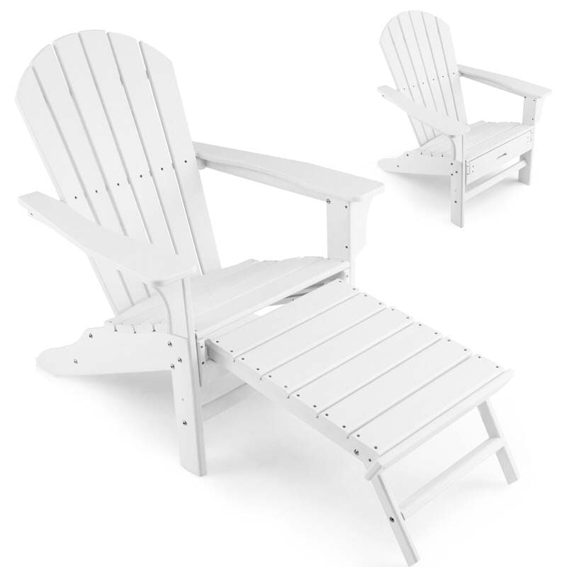 HDPE Adirondack Chair with Retractable Ottoman, Outdoor Chaise Lounge Chair for Beach, Lawn Pool Deck