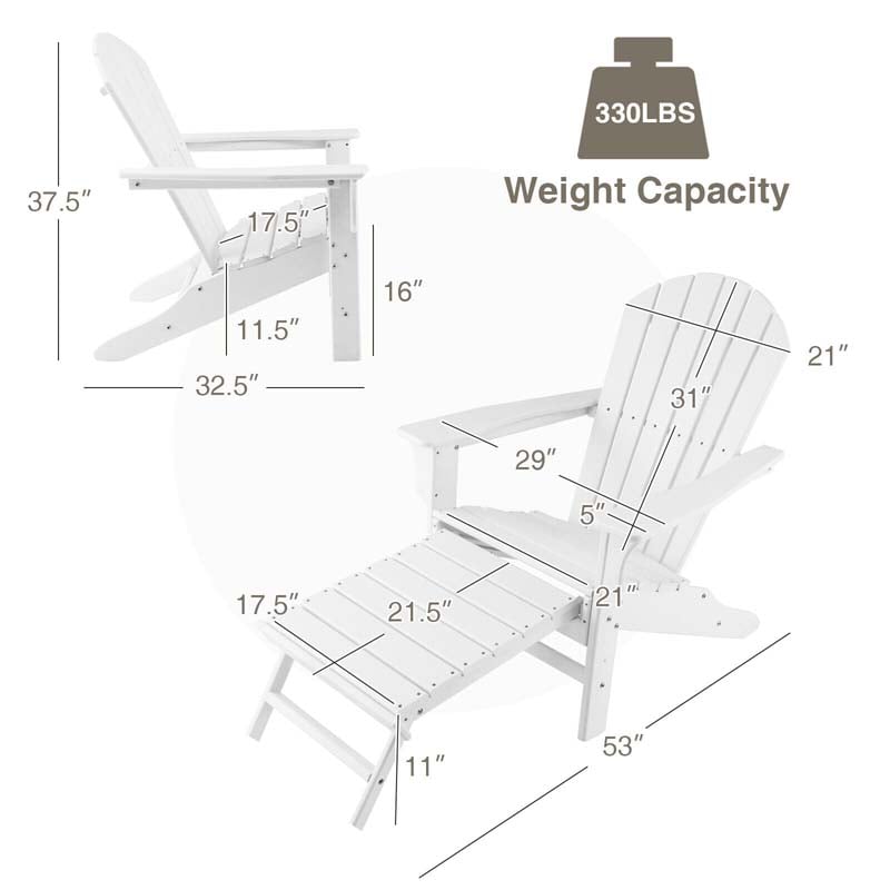 HDPE Adirondack Chair with Retractable Ottoman, Outdoor Chaise Lounge Chair for Beach, Lawn Pool Deck