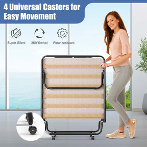 Made in Italy Rollaway Folding Bed with 4" Memory Foam Mattress, Portable Foldable Guest Bed Cot on Wheels for Adults, Small Space, Office