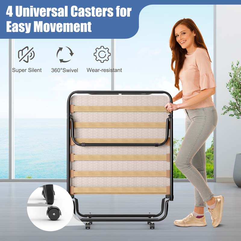 Made in Italy Rollaway Folding Bed with 4" Memory Foam Mattress, Portable Foldable Guest Bed Cot on Wheels for Adults, Small Space, Office