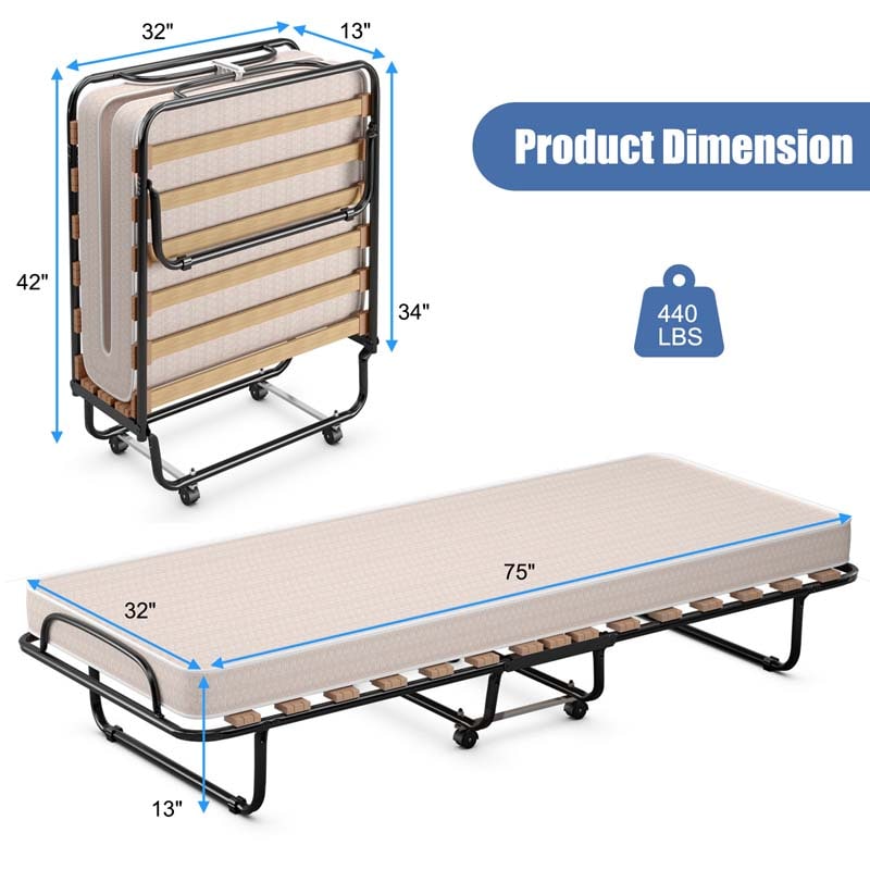 Made in Italy Rollaway Folding Bed with 4" Memory Foam Mattress, Portable Foldable Guest Bed Cot on Wheels for Adults, Small Space, Office