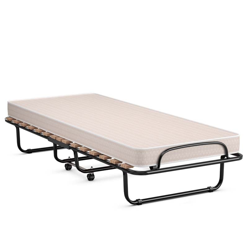 Made in Italy Rollaway Folding Bed with 4" Memory Foam Mattress, Portable Foldable Guest Bed Cot on Wheels for Adults, Small Space, Office