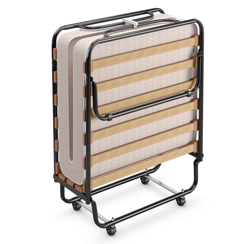 Made in Italy Rollaway Folding Bed with 4" Memory Foam Mattress, Portable Foldable Guest Bed Cot on Wheels for Adults, Small Space, Office